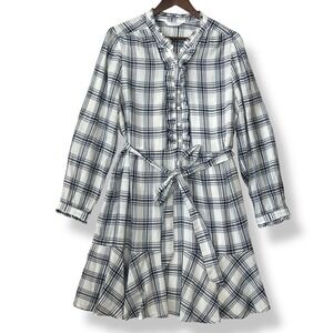 Lucky Brand XL Poet Mini Dress Blue White Plaid 100% Cotton Ruffle Tie Waist